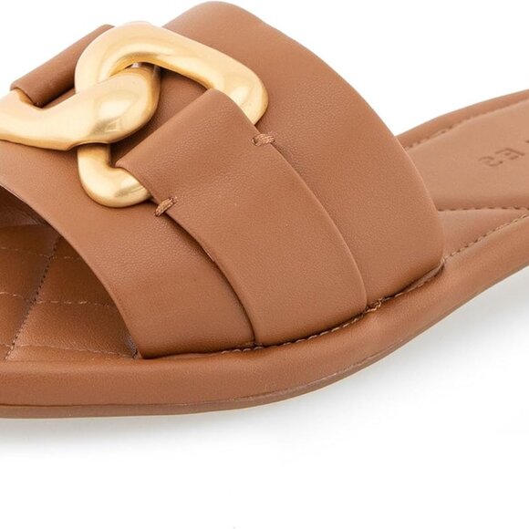 Women's Tan Faux Leather Slide Sandal Size 9 Slip On Flat Heel Open Toe - Picture 1 of 7